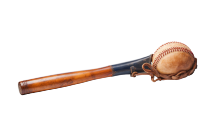 A baseball bat rests beside a baseball inside a glove
