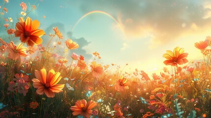 Fototapeta na wymiar Dancing Human-Like Flowers under a Rainbow Sky, generative ai