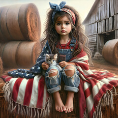 A young girl with expressive eyes is seated on a hay bale, clutching an American flag and a small kitten