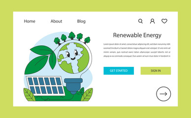 Renewable energy web banner or landing page. Smiley cartoon globe