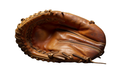 A brown baseball glove stands out against a stark white background