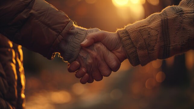 Heartfelt connection depicted in a close-up as an old mother and son share a tender handshake on Mother's Day.
