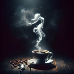 A steaming cup of coffee sits on a wooden surface, from which a whimsical smoke trail rises, shaping itself into a woman-like figure