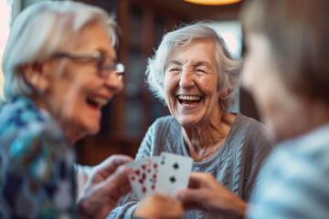 Seniors enjoying a card game, sharing laughs in a retirement home, highlighting the community's warm and engaging atmosphere