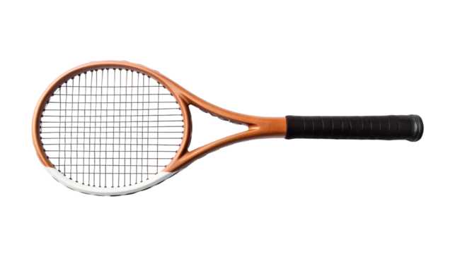 Close up of a tennis racket resting on a pristine white background