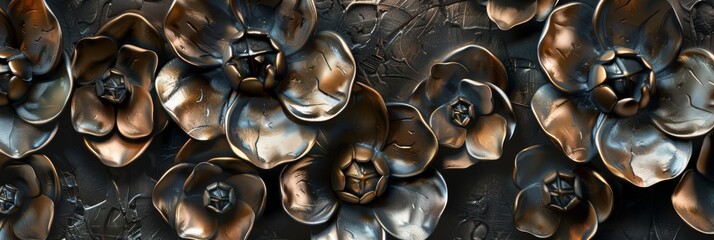 Flowers encased in metallic armor, petals shimmering with a steel or bronze finish, embodying the strength of medieval spirit, set against a dark moody background created with Generative AI Technology - obrazy, fototapety, plakaty