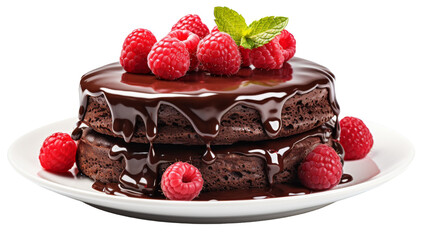 Rich chocolate cake adorned with vibrant raspberries on a pristine white plate
