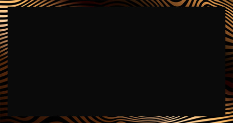 Golden wavy lines textured blank background. Realistic nagtive space set of transparent plate with zebra pattern border. Black card on the pedestal on dark background ui ux illustration
