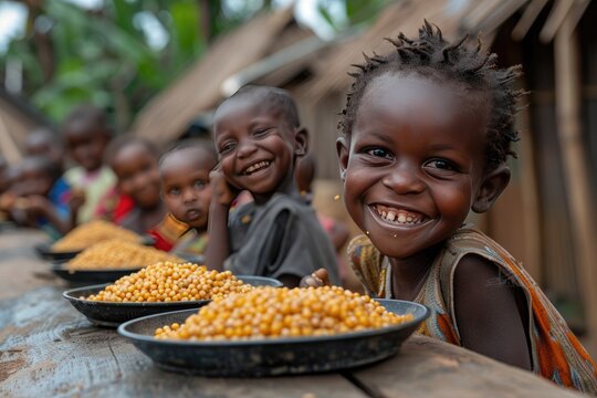 The problem of poverty and inequality. Happy african kids eating some sorghum porridge in village outdoor