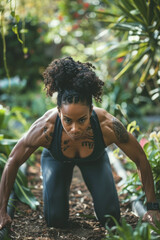 A woman performs push-ups and squats in her garden
