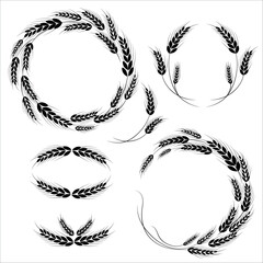 Wheat spikelets wreaths frames and borders collection.Rye spikelets elements for design decoration.Vector black and white illustration.Wreath border from spikelets.Grain border,agricultural frame 