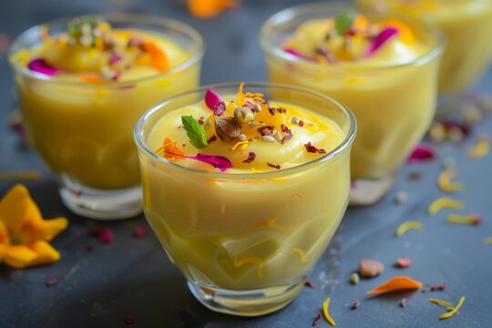 Amrakhand is a popular Indian sweet with Alphonso flavor served with dry fruits and saffron topped with a whole mango fruit on a colorful or black a