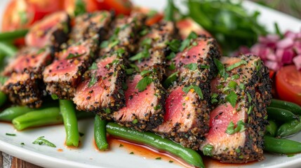 Freshly seared tuna with a peppery crust, arranged over vibrant green beans and garnished with parsley, served on a white plate.