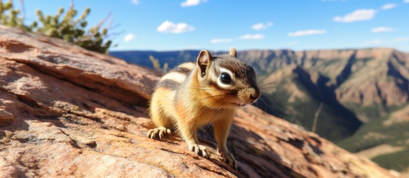 A small chipmunk is perched on a large boulder in a natural outdoor setting, with its cute features on display