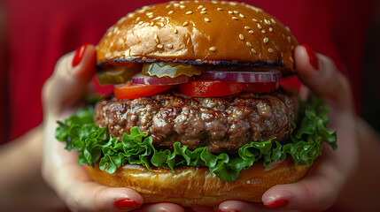 Fresh, juicy hamburger with lettuce, tomato, onion, and cheese held by manicured hands against a...