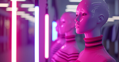 Vividly lit mannequins in a futuristic clothing store with vibrant pink and blue lighting - obrazy, fototapety, plakaty