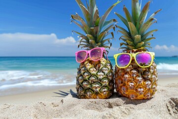 pineapples with sunglasses on the beach Generative AI