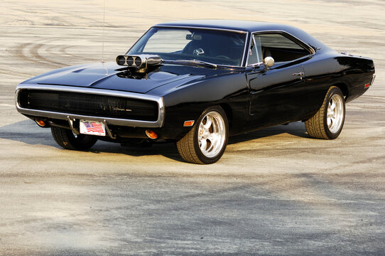 Detail of an  elaborate and restored 1970s American Dodge Charger vintage car. Milwaukee, Wisconsin, USA