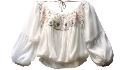 A white blouse adorned with a delicate floral design, adding a touch of elegance and femininity to the outfit