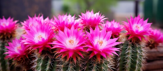 A cactus plant in a decorative pot displaying vibrant pink flowers in a close-up shot