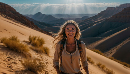 Bellissima donna sorride felice mentre cammina sulle dune di un deserto durante una vacanza
 - obrazy, fototapety, plakaty
