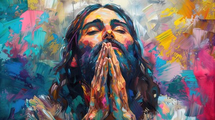 Divine Reverie: Vibrant Oil Painting of Jesus in Prayer. Experience the spiritual journey in vivid hues. Perfect for inspiration and contemplation.