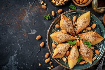 Arabic Ramadan dessert Qatayef Semolina pancakes filled with nuts and cheese top view with space for text