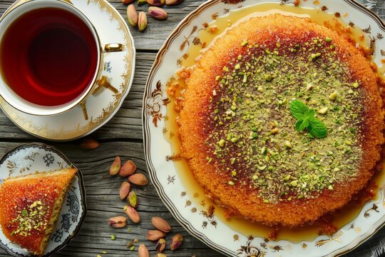 Arabic pastries and Ramadan dessert Kunafa with pistachio honey syrup and tea Top view with close up