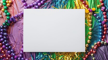 A blank card surrounded by colorful Mardi Gras beads and decorations