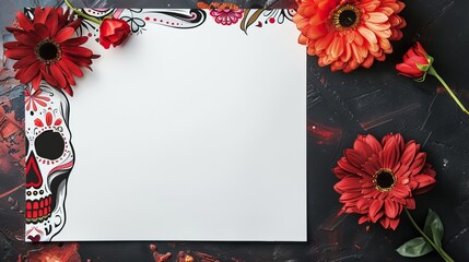 A Day of the Dead themed blank template bordered by vibrant red flowers and a decorative sugar skull
