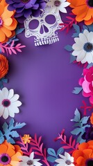 A vibrant Day of the Dead themed frame with a white skull and colorful paper flowers on a purple background