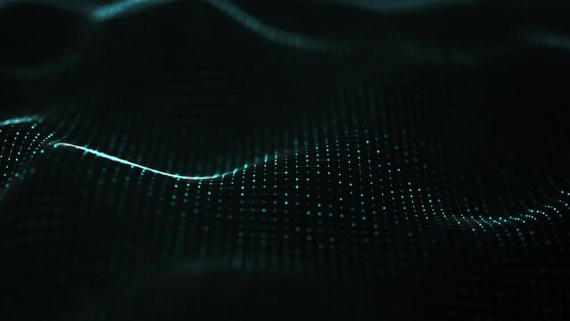 Abstract digital animation of glowing particles and waves in perpetual motion: A seamless loop of light dots forming a network grid on a dark teal background, perfect for wallpaper or decoration use.
