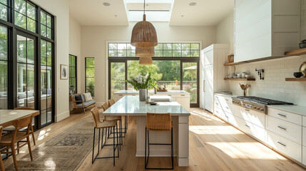 Modern space kitchen with natural light, clean lines, contemporary furniture, spacious layout, high ceilings, white cabinets, marble countertops, island serves as central hub for cooking, indoor plant