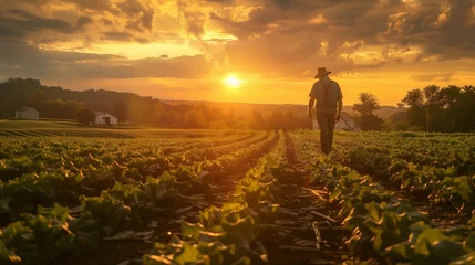 Fotobehang Long Shadows: Farmer Working in Vast Field at Sunset, generative ai © Matus