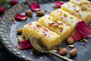 Homemade kulfi slices with saffron or kesariya flavor topped with pistachio cashew almonds and rose petal - obrazy, fototapety, plakaty