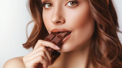 Beautiful young woman with chocolate bar on white background, closeup