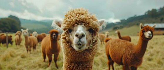 Naklejka premium Alpacas on a Farm: One with a Funny Smile in a Realistic Outdoor Setting. Concept Alpacas, Farm Animals, Funny Smiles, Realistic Settings, Outdoor Photography