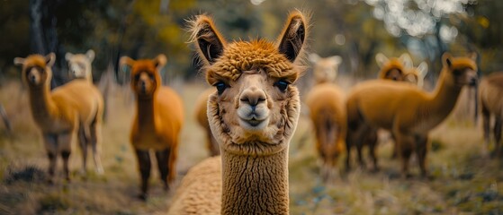 A group of alpacas on a farm one with a funny smile in a realistic outdoor setting. Concept Outdoor Photoshoot, Alpacas, Funny Smile, Farm Animals, Playful Poses - obrazy, fototapety, plakaty