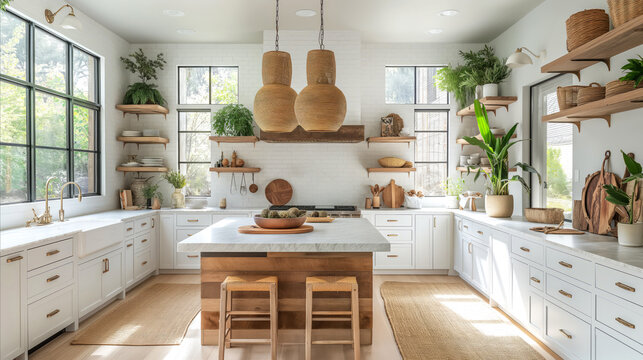 A modern, biophilic design kitchen with delightful blend of rustic charm: white cabinetry, central island, wooden stools, woven light fixtures, marble countertop, sink and faucet, white brick wall