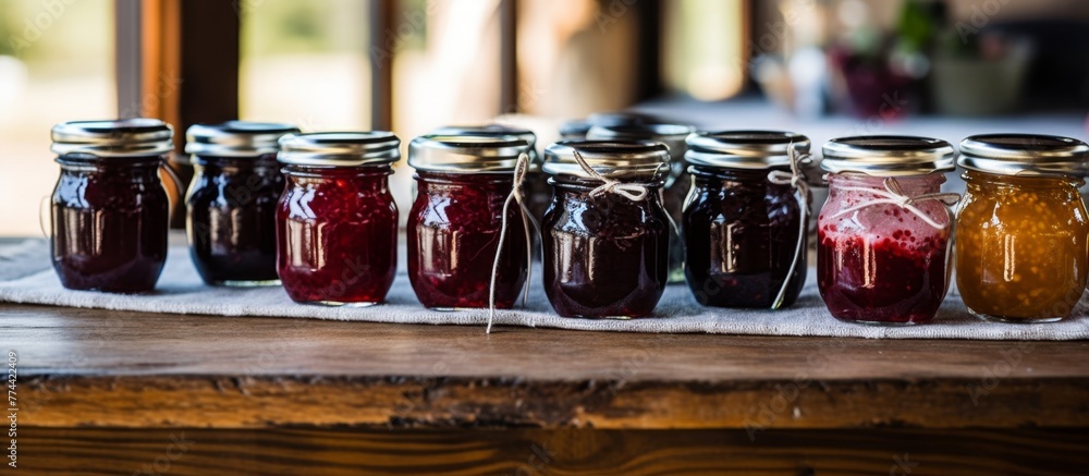 Poster various jars of jam are neatly arranged on a table, showcasing a selection of fruity spreads