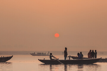 Boats Ganges Ganga River Varanasi Benares Uttar Pradesh India Water Transport Traditional Colorful Sunrise Culture Hinduism Sun Pollution Sunset Sacred City Tourism Scenic Views Iconic Ghats Temples
