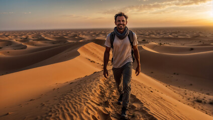 Uomo sorride felice mentre cammina sulle dune di un deserto durante una vacanza