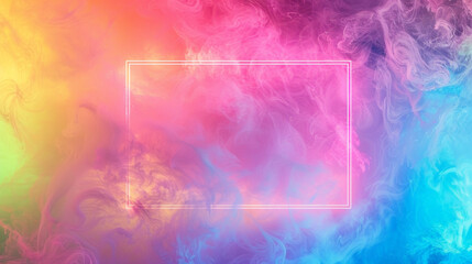 Abstract colorful background with neon frame., smoke around. Glowing geometric frame. Copy space. 