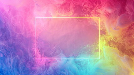 Abstract colorful background with neon frame., smoke around. Glowing geometric frame. Copy space. Minimalistic style. 