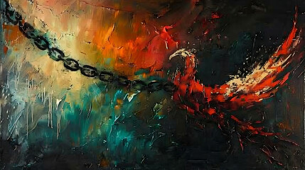 Symbolic chains shattered, rising phoenix of freedom, powerful imagery, vibrant hues of hope. - obrazy, fototapety, plakaty
