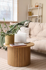 Coffee table with laptop and bamboo plant in living room