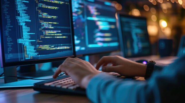 Close-up of a programmer's hands typing on a backlit keyboard, with lines of code displayed across multiple computer screens. AIG41