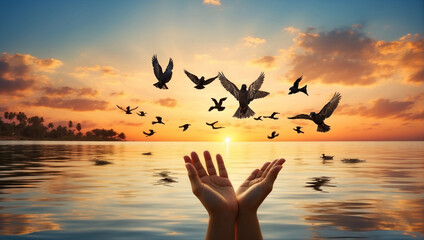 Hands open palm up with birds flying over calm water