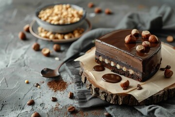 Hot coffee and chocolate mousse cake with hazelnuts and dark chocolate on a rustic background photographed in a dark style