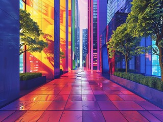 Experiment with complementary colors to create a dynamic digital illustration of a vibrant urban landscape